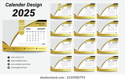Calender Design 2025, USA Calender design,  calender design set with golden and black color, illustration, vector