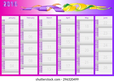 Calender First Six Months Of 2016 , First Half Year, Desk Blotter, Weekend Days Highlighted