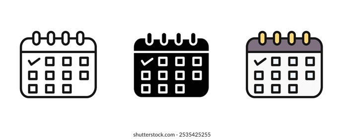Icono de calendario, conjunto de tres íconos de calendario, íconos de calendario editables establecidos en contorno, silueta e ícono de color editable con un Vector sin expandir en el interior