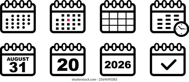 Calender icons set. Date time month planner organizer symbol. Year 2026. Vector illustration design