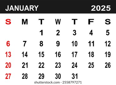 Calender January 2025. the week begins on Thuesday. flat design. removable calender for the month. vector ilustration.   