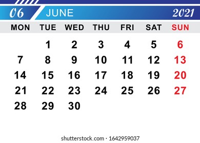 Diseño de plantilla de Calender junio de 2021. Vector Eps 10