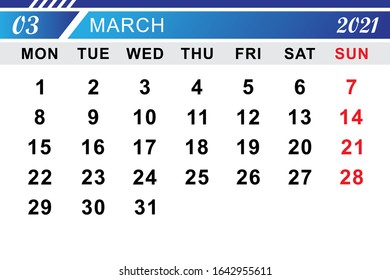 Calender March 2021 Template Design. Vector Eps 10