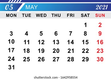 Calender May 2021 Template Design. Vector Eps 10