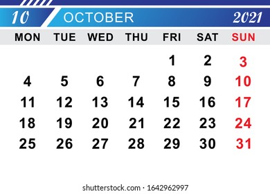 Calender October 2021 Template Design. Vector Eps 10
