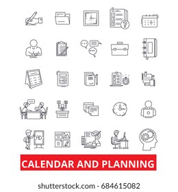 Calender and planning, schedule, planner, organizer, plan, timetable, deadline line icons. Editable strokes 