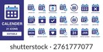Calender solid vector glyph icon set featuring user schedule, time management, monthly calendar, notification bell, meeting time, and sync calendar for business organizer.