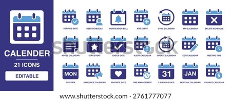 Calender solid vector glyph icon set featuring user schedule, time management, monthly calendar, notification bell, meeting time, and sync calendar for business organizer.