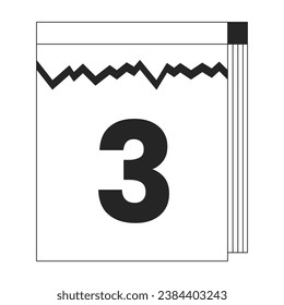 Calender tear-off black and white 2D line cartoon object. Hanging calendar with ripped pages isolated vector outline item. Today 3rd day reminder management monochromatic flat spot illustration