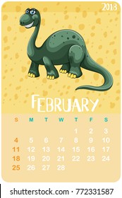 Calender template for February with brachiosaurus illustration