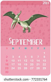 Calender template for September with pterosaur illustration