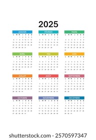 Calendrier 2025 Français 2025 Calendrier annuel 2025, French calendar for 2025.