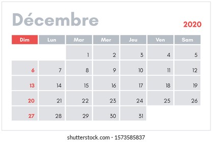 Calendrier de Decembre 2020 (December 2020 calendar in french) vector illustration for prints, templates and banners.
