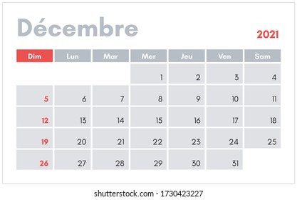 Calendrier de Decembre 2021 (December 2021 calendar in french) vector illustration for prints, templates and banners.