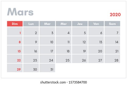 Calendrier de Mars 2020 (March 2020 calendar in french) vector illustration for prints, templates and banners.
