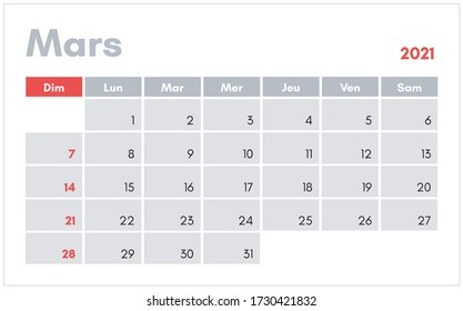 Calendrier de Mars 2021 (Mars 2021 calendar in french) vector illustration for prints, templates and banners.