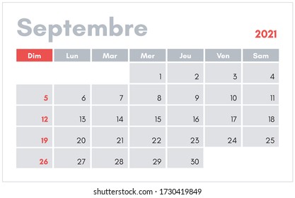 Calendrier de Septembre 2021 (September 2021 calendar in french) vector illustration for prints, templates and banners.