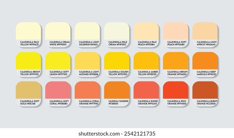 Paleta de cores do calendário, Paleta do guia de cores da flor do calendário com nomes de cores. Amostras de Catálogo de códigos RGB HEX de Calendulas. Variações amarelas do calendário, Moda Tendência Laranja Calendula Cor Paleta