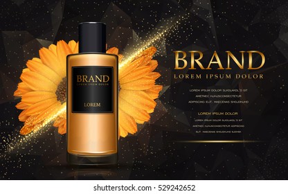 calendula cosmetic product ads, 3d illustration cosmetic ad with sparkling light and flower, 3d illustration 