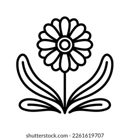 Calendula, editable icon. Blooming flower with leaves. Medicinal plant with large inflorescence. Perfect botanical illustration for a label, seed shop, cosmetology. Editable thin strokes, flat vector