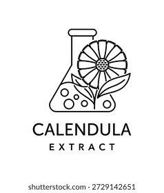 Emblema de extracto de caléndula en línea delgada: un ingrediente vegetal natural ampliamente utilizado en el cuidado de la piel por sus propiedades calmantes, antiinflamatorias y curativas que Asistencia el cuidado de la piel sensible e irritada