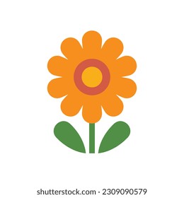 Calendula flower. Cute flower with orange petals, green leaves on the stem. Abstract geometric plant in minimalist style. Stylized creative childish illustration. Isolated vector