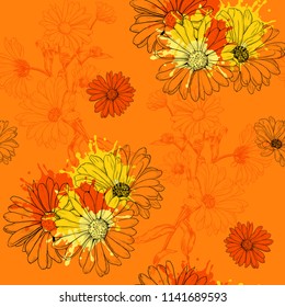 Calendula flowers on colored blots. Seamless vector pattern in yellow-orange tones. Hand-drawn illustration. 