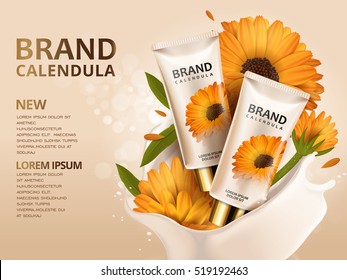 Calendula hand cream ads, 3d illustration cosmetic ads design with product template and flowers