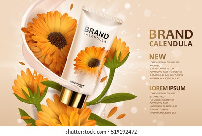 Calendula hand cream ads, 3d illustration cosmetic ads design with product template and flowers