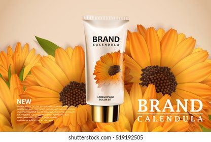 Calendula hand cream ads, 3d illustration cosmetic ads design with product template and flowers background