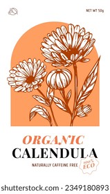 Calendula herbal tea. Hand drawn herbal plants. Sketch vector illustration. Labels and package design