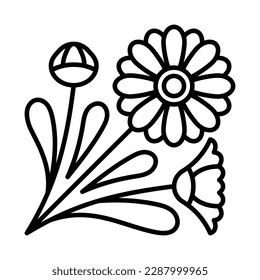 Calendula icon. Blooming flower with leaves. Medicinal plant sign. Perfect botanical illustration for a label, seed shop, cosmetology. Editable thin strokes, flat vector