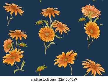 Calendula medicinal herbs and flowers seamless pattern, background. Vector illustration.