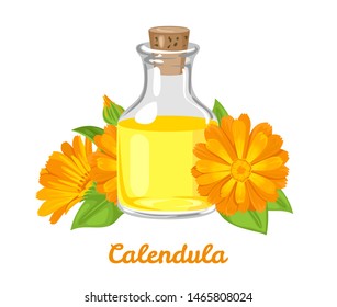 Calendula oil in a glass bottle and orange flowers isolated on white background. Vector illustration in cartoon flat style.