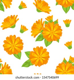 Calendula orange flowers on a white background seamless pattern. Vector illustration of flowers in cartoon simple flat style.