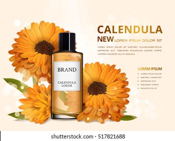 Calendula skin toner ads, 3d illustration cosmetic ads design with realistic flower