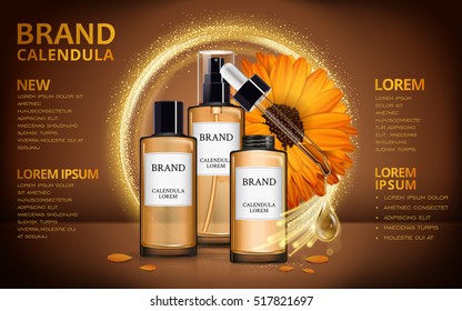 Calendula skin toner ads, 3d illustration cosmetic ads design with realistic design and sparkling effects