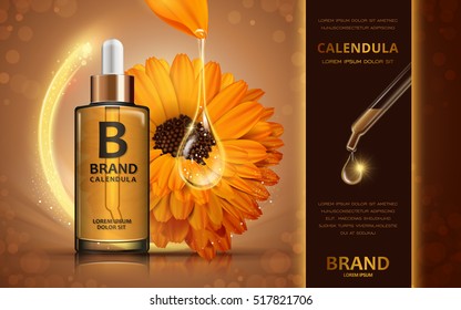 Calendula skin toner ads, 3d illustration cosmetic ads design with sparkling liquid and flower