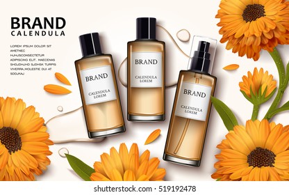 Calendula skin toner ads, 3d illustration cosmetic ads design with top view of products