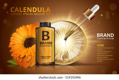 Calendula skin toner ads, 3d illustration cosmetic ads design with sparkling liquid and flower