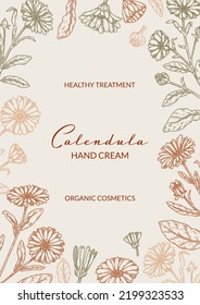 Calendula vertical packaging design with hand drawn elements. Vector illustration in sketch style