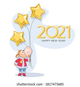 Calf 2021. New Years bull. Postcard. Cute little calf with balloons in the shape of a golden star. 