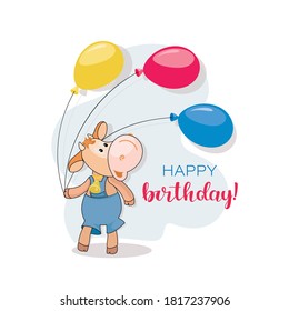 Calf, balloons. Happy Birthday. Postcard. Cute little calf. Cartoon character animal in baby manner