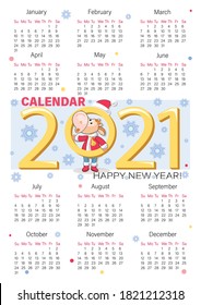 Calf. Bull. 2021 Calendar. Vector calendar, planner diary.  Bull symbol of New Year. Little calf dressed as Santa Claus. Vertical Page. Week starts on Sunday. Vector illustration. 