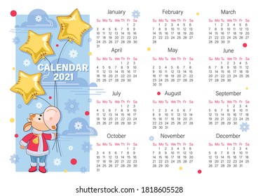 Calf. Calendar 2021. Chinese New Year. Vector calendar, planner diary. Little calf dressed as Santa Claus. Horizontal Page. Week starts on Sunday. Vector illustration