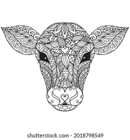 Calf or cow head mandala for adult coloring book,coloring page,print on product, laser cut, paper cut and so on. Vector illustration.