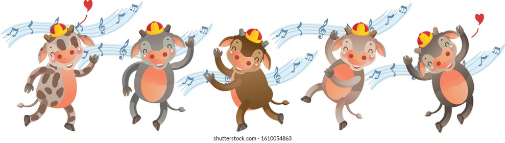Calf is dancing group. Chinese style. Vector illustration isolated on white background.