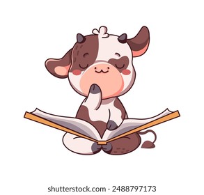 Calf enjoying book fat color vector illustration on white background. Kawaii design captures animal joy and focus on studying educational theme