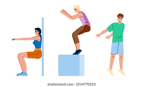 calf fitness exercises leg vector. raises hamstrings, quads plyometrics, sprints cycling calf fitness exercises leg 6 character. people flat cartoon illustration