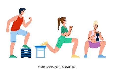 calf fitness exercises leg vector. raises quads, glutes plyometrics, sprints cycling calf fitness exercises leg character. people flat cartoon illustration